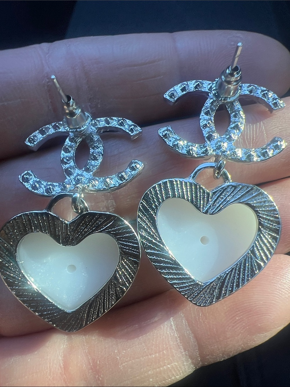 CHANEL Silver Crystal CC Logo Earrings with Iridescent White Heart Drops - Picture 7 of 8
